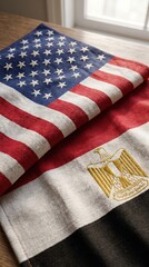Fototapeta premium United States and Egypt two flags textile cloth, fabric texture