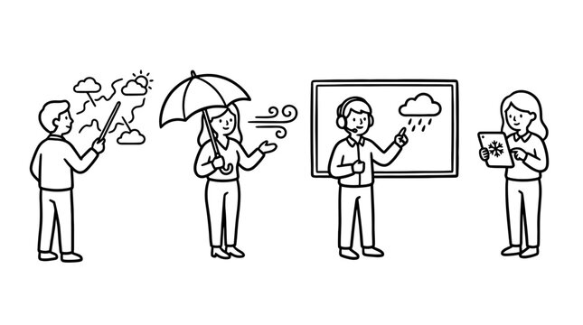 Four weather black indie line art character pose set