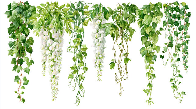 Watercolor botanical illustration featuring hanging green vines, lush ivy leaves, and elegant white wisteria flowers isolated on white background for wedding invitations, garden decor, and art