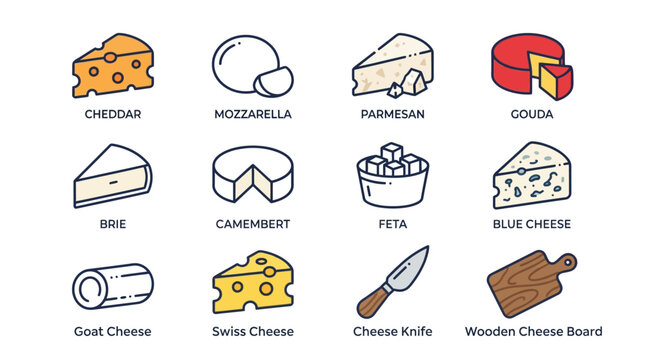 Colorful illustrated collection of various cheese types.