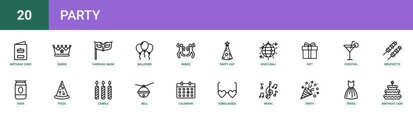 Fototapeta premium Set of 20 outline web Party icons such as birthday cake, dress, party, music, sunglasses, calendar, bell vector icons for report, presentation, diagram, web design, mobile app