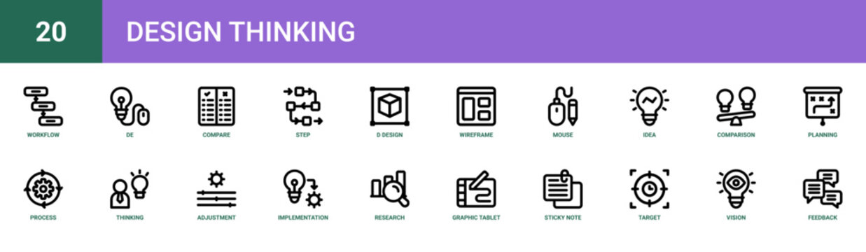 Set of 20 outline web Design Thinking icons such as feedback, vision, target, sticky note, graphic tablet, research, implementation vector icons for report, presentation, diagram, web design, mobile