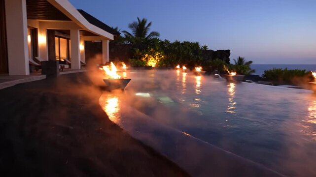 Luxury spa resort at twilight featuring black volcanic sand, steaming infinity pool with fire bowls, modern architecture, palm trees, and warm interior lighting by the ocean.