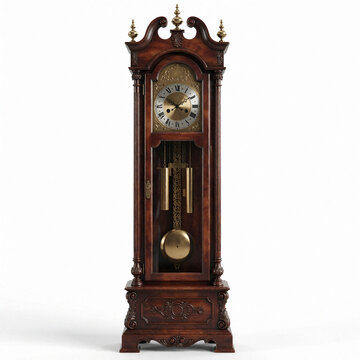 Antique wooden grandfather clock standing tall in classic interior. Vintage timepiece with ornate carvings and pendulum for elegant home decor.