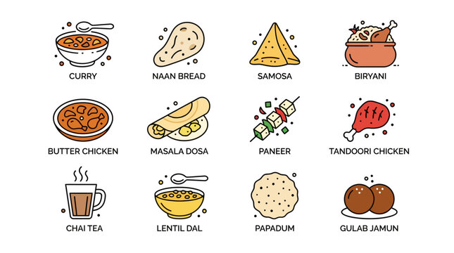 Colorful Illustrated Collection of Traditional Indian Dishes.