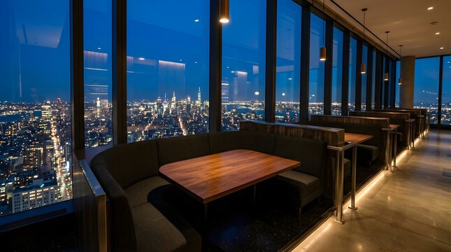Modern luxury restaurant booth with panoramic city skyline view at night