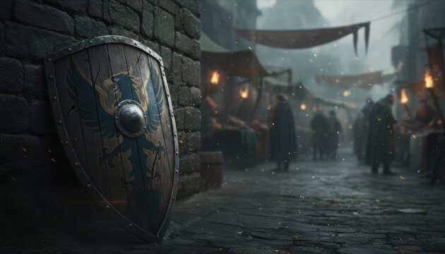 A weathered medieval shield bearing a griffin emblem stands against stone walls in a dim market alley suggesting themes of vigilance identity and symbolic guardianship