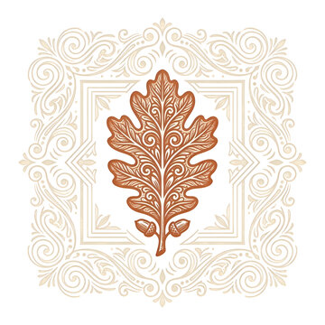 Vintage Oak Leaf and Acorn Woodcut Illustration with Ornate Border