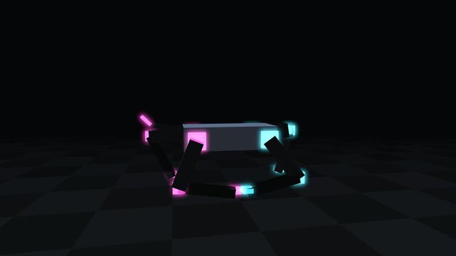 Neon glowing low poly quadruped robot dog walking and jumping in a dark futuristic cyberspace environment with a checkerboard floor