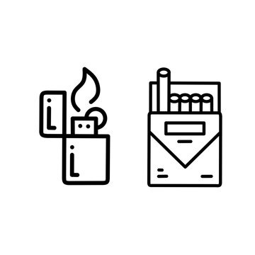 Lighter with flame and open pack of cigarettes line icons