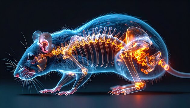 Transparent anatomical illustration of a mouse showing internal skeletal structure and glowing organs in blue and orange light