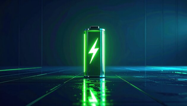 Glowing green battery icon with a lightning bolt symbol representing renewable energy and power storage in a dark room