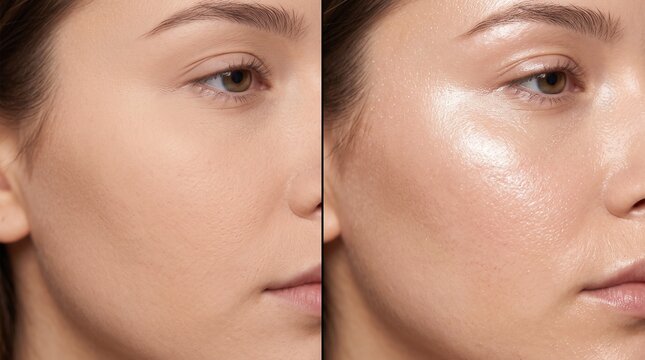 Before and after matte dull cheekbone to glowing dewy liquid highlighter