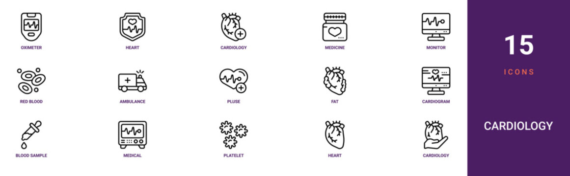 Set of 15 outline web Cardiology icons such as cardiology, heart, platelet, medical, blood sample, cardiogram, fat vector icons for report, presentation, diagram, web design, mobile app
