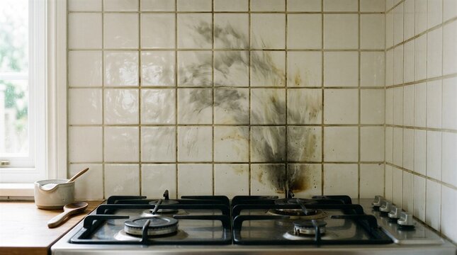 Black Smoke Stain on Kitchen Wall Tiles Above Gas Stove - Kitchen Fire Hazard and Smoke Damage Concept