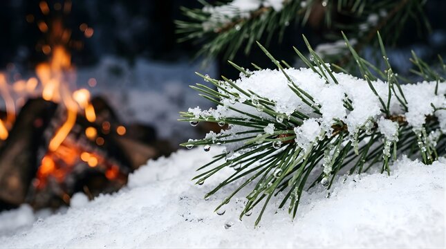 Snowy pine branch with melting ice and water droplets near a campfire