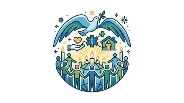 Diverse community unity under protective wings illustration.