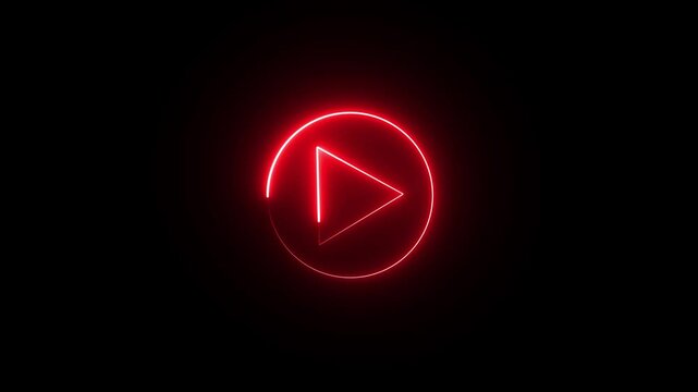glowing Neon shine play button icon sign with neon circle animation. neon media player button. Neon glowing play button icon on a black backgroun