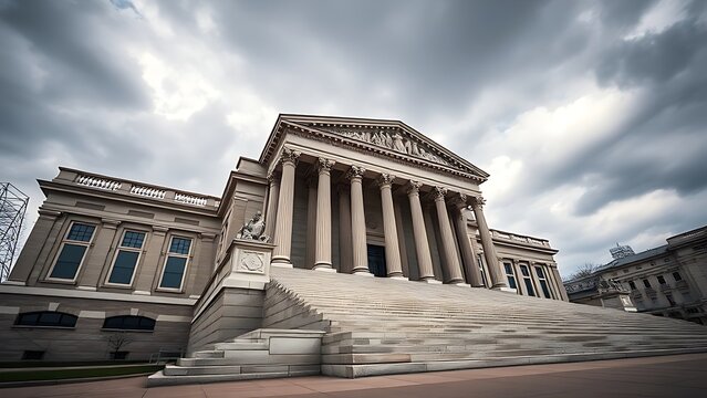 A grand courthouse exterior with high steps and columns under cloudy sky.