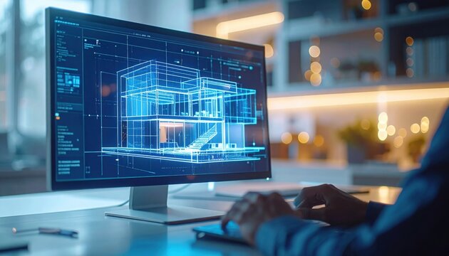 Detailed neon blue architectural wireframe of modern house displayed on large computer monitor in dimly lit workspace