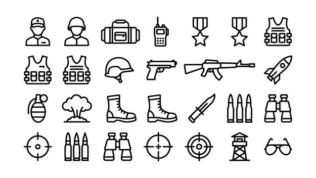 Military icons set with weapons and equipment symbols  isolated on transparent background
