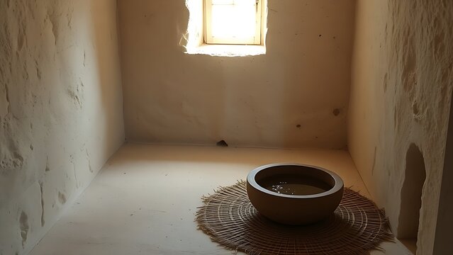 A sparse stone room with a straw mat and clay water bowl, soft natural light.