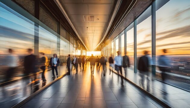 A busy corridor with people walking during sunset, reflecting on glass walls.