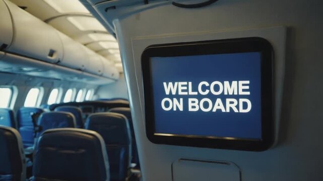 "Welcome on board" message on the plane.