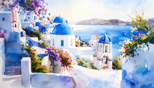 A watercolor depiction of Santorini with blue domes and Aegean Sea, ideal for travel blogs, Greek tourism, Mediterranean charm, or summer wanderlust themes