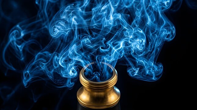 Swirling blue smoke rising from a gold metal container on black background