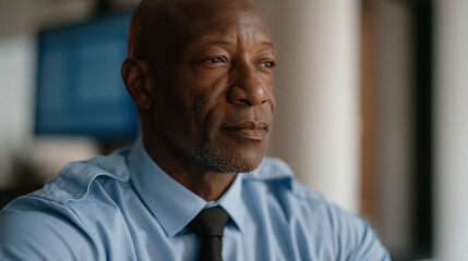 Fototapeta premium Toll booth operator in a minimalist studio setting sits upright in uniform reviewing a certification module on a mounted screen as adaptive learning software adjusts the lesson
