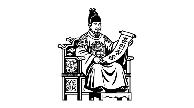 King Sejong the Great holding Hunminjeongeum manuscript illustration.