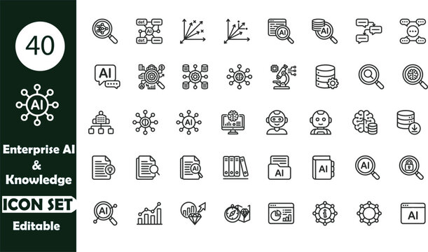 AI Search, Knowledge Retrieval, Database and Enterprise Artificial Intelligence Line Icons Set