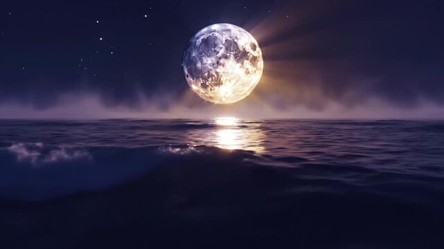 Bright full moon shining over the dark ocean waves at night with starry sky background.