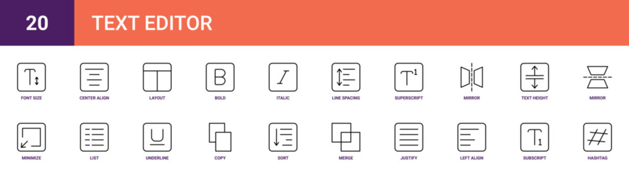 Set of 20 outline web Text Editor icons such as hashtag, subscript, left align, justify, merge, sort, copy vector icons for report, presentation, diagram, web design, mobile app