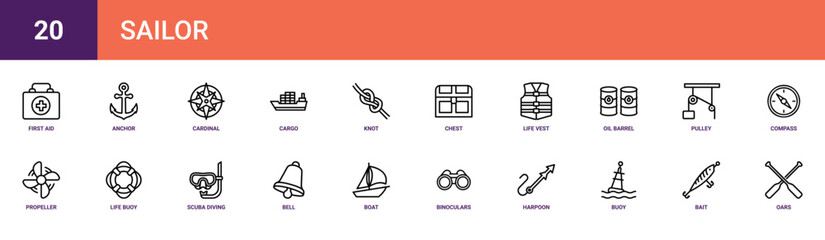 Fototapeta premium Set of 20 outline web Sailor icons such as oars, bait, buoy, harpoon, binoculars, boat, bell vector icons for report, presentation, diagram, web design, mobile app