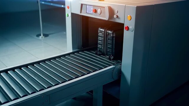luggage moving through airport scanner on conveyor belt, automated inspection process ensuring safety, threat detection, controlled indoor environment, travel security system, protection and screening