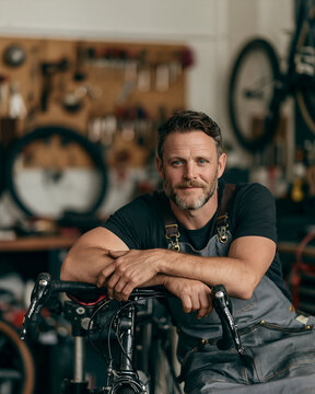 Bicycle mechanic resting hands on a bike in a repair stand