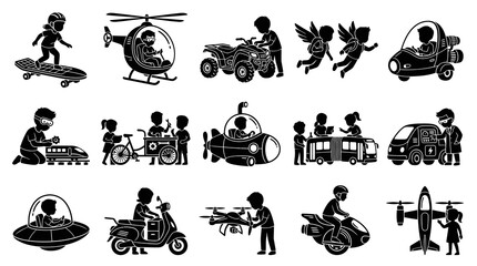 Naklejka premium Kids Future Transportation Technology Glyph Icons. Children and Innovative Mobility Vehicles Silhouette Set.