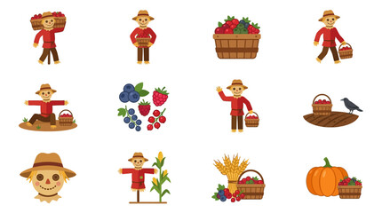 Fototapeta premium Farmer characters and autumn harvest food icon collection.