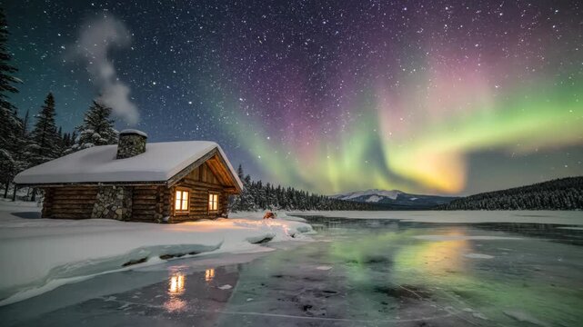 Snow-covered log cabin with glowing windows sits beside a frozen lake under a vibrant aurora borealis and starry night sky in a remote winter wilderness with pine trees.