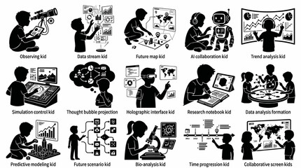Fototapeta premium Children's learning icons: Technology and science education for kids, glyph art