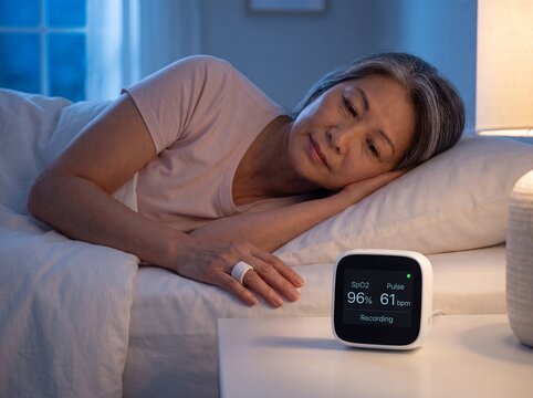 overnight pulse oximeter woman finger sensor sleep oxygen monitoring home Adult user rests with a finger sensor and bedside display for sleep tracking remote care education and healthcare campaigns