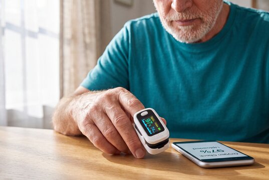 pulse oximeter finger sensor senior man smartphone oxygen monitoring remote Older user prepares oxygen and pulse data for smartphone upload for wellness telehealth education and healthcare campaigns