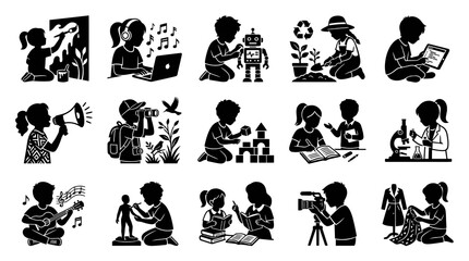Fototapeta premium Diverse Childhood Education Learning Activities Black and White Glyph Silhouette Icons Set