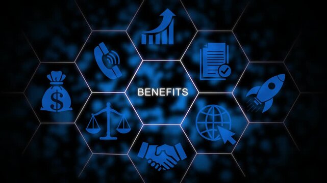 Business benefits concept with hexagonal infographic and digital network background, strategy growth