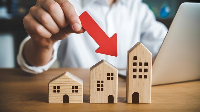 Housing market decline concept with red downward arrow over model homes and financial chart