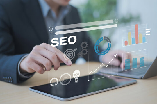 SEO optimization concept with graphs and charts on tablet for website performance improvement.