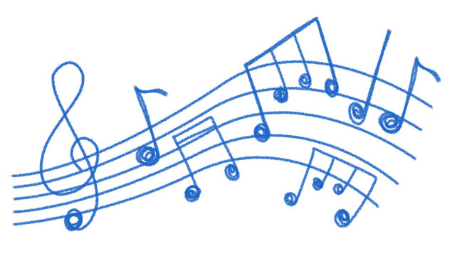 Blue hand drawn music notes with treble clef with wavy staff on transparent, crayon sketch doodle childish musical design element.

