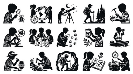Fototapeta premium Kids Science Education and Nature Exploration Icons Set in Black White Engraving Silhouette Style